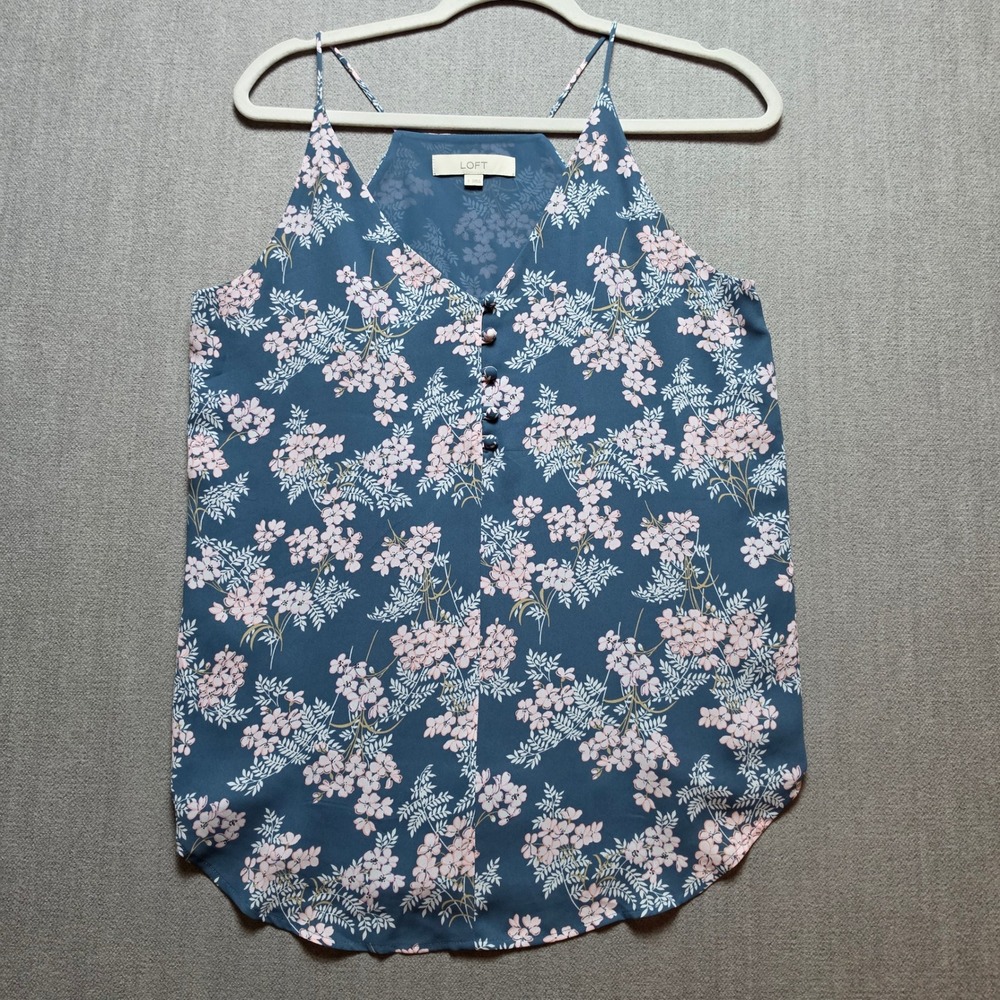LOFT Camisole Women S Blue Pink Floral Button V-Neck Spaghetti Strap Tank Top